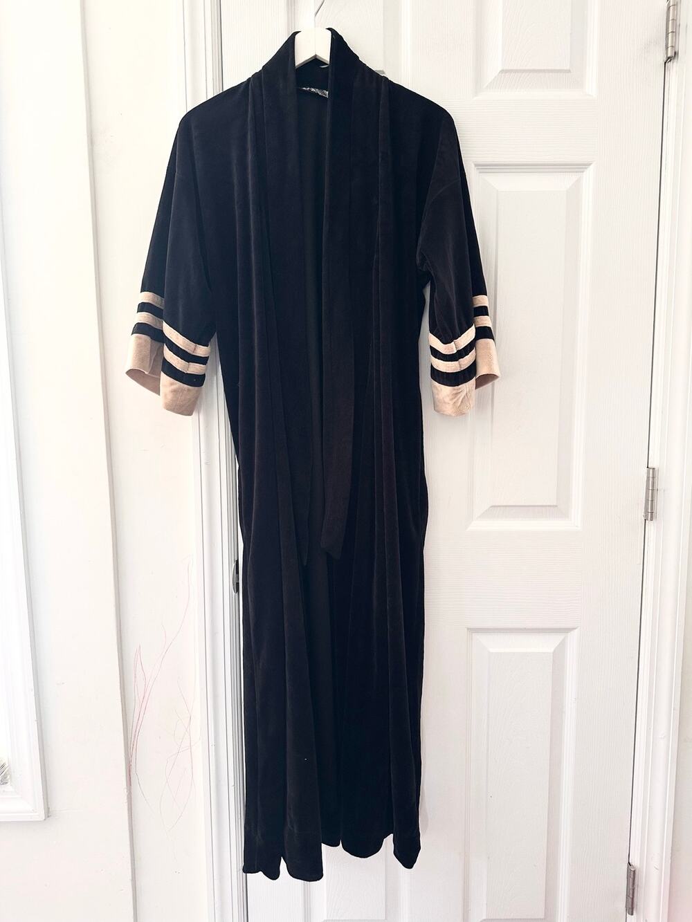 Christian Dior Vintage Black Beige Stripe Cuff Embroidered Logo Belted Robe OS